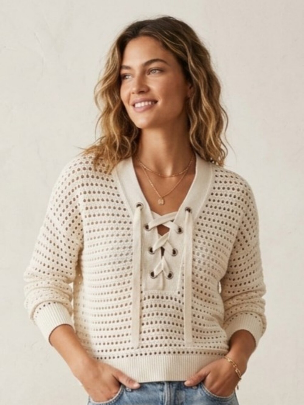 H&M Open Stitch Lace-Up Crochet V-Neck Breathable Boho Sweater Top Cream Size L